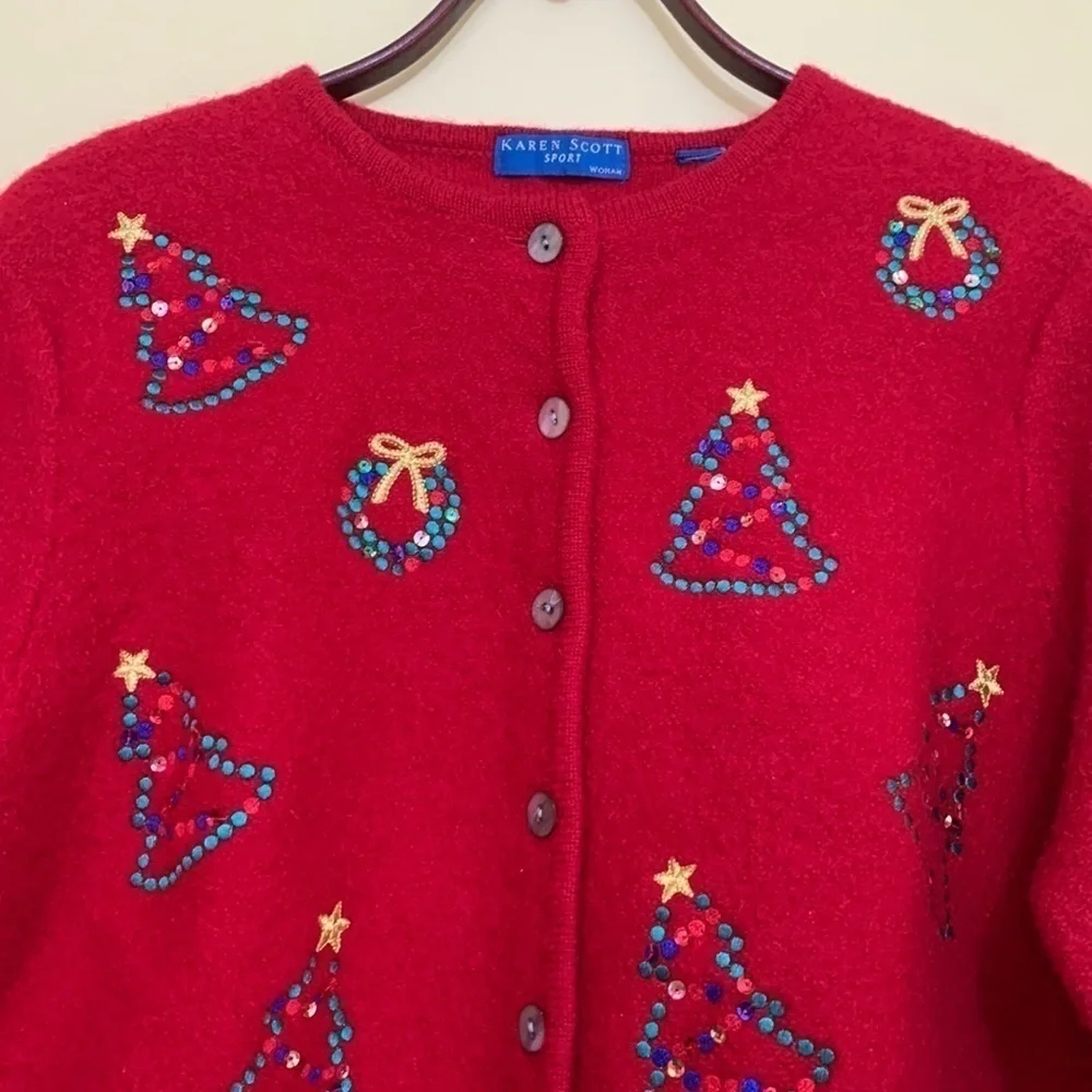 Karen Scott Sport Red Christmas Wool Thick Knit Embroidered Sequin Cardigan M/L